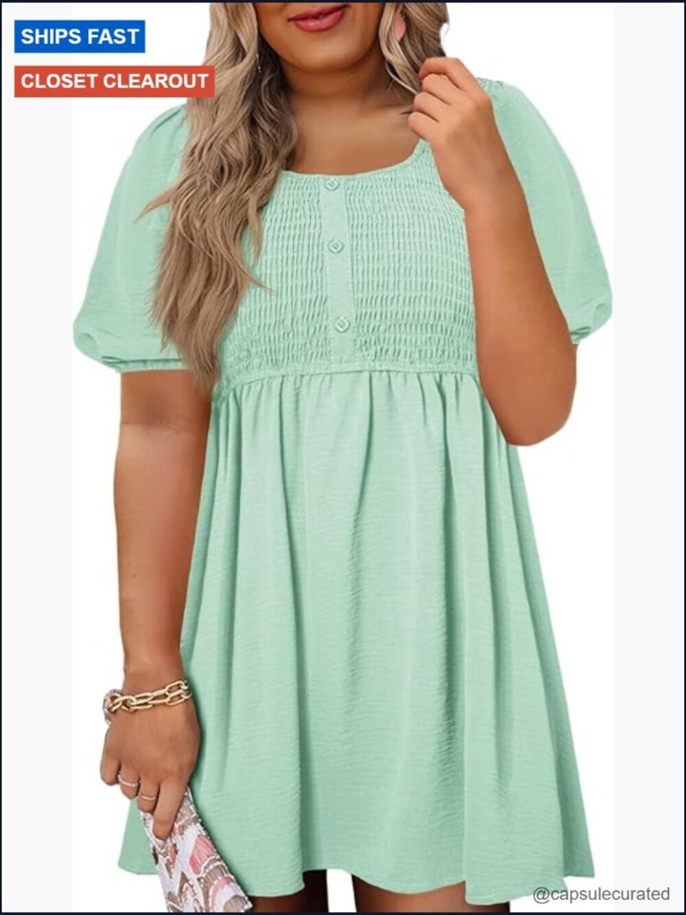 Plus Size Smocked Summer Dress Puff Sleeve A-Line Mini
